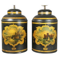 Antique Pair Of Victorian Tole Tea Cannister Lamps