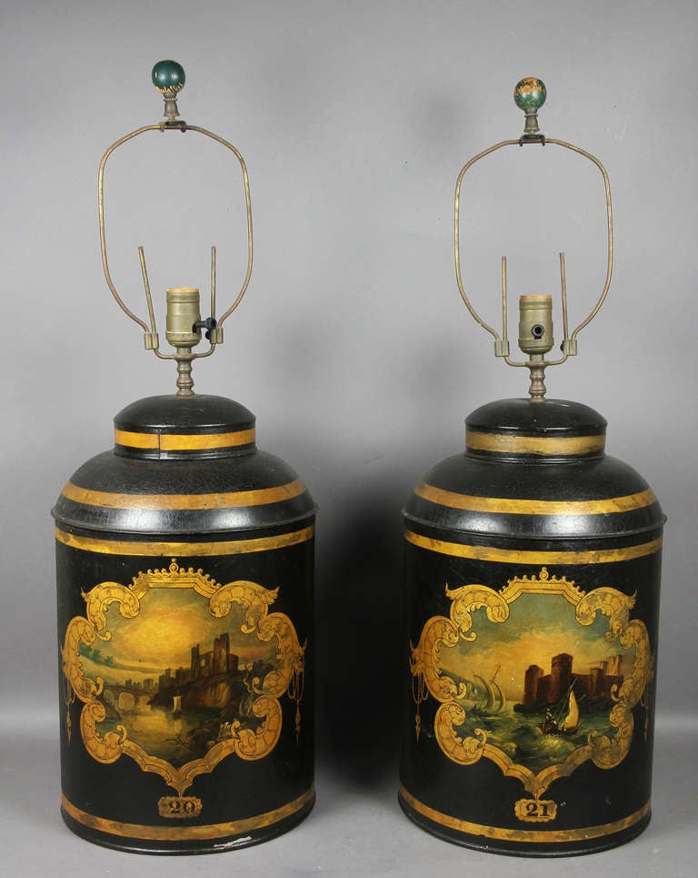 British Pair Of Victorian Tole Tea Cannister Lamps