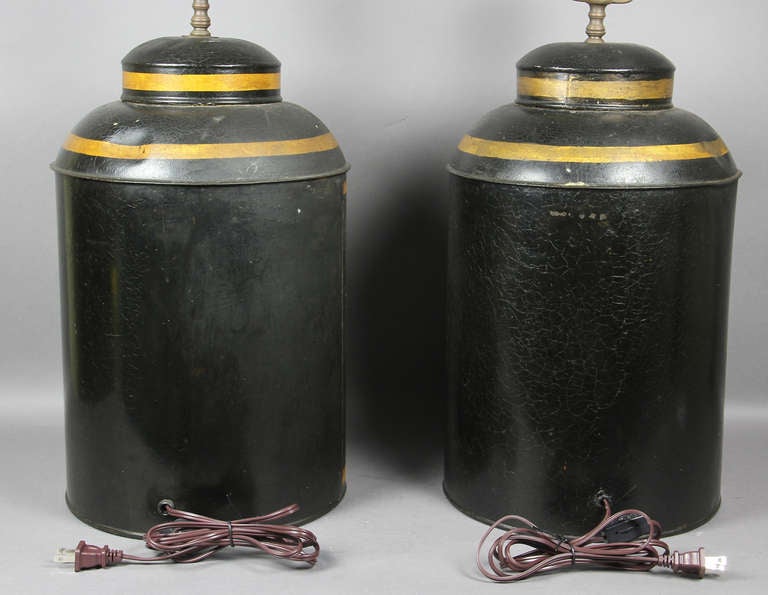 Tin Pair Of Victorian Tole Tea Cannister Lamps
