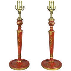 Vintage Pair Of Red Japanned Candlestick Lamps