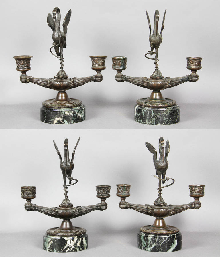 Set of Four Etruscan Revival Bronze and Marble Candlesticks 1