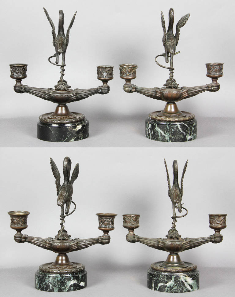 Set of Four Etruscan Revival Bronze and Marble Candlesticks 2