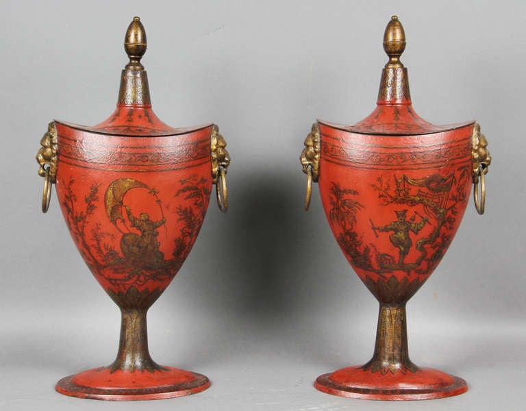 British Pair Of Regency Red Tole Chestnut Urns
