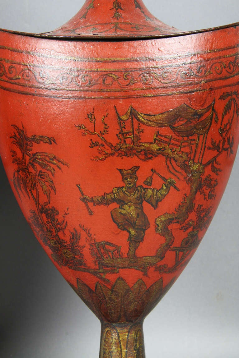19th Century Pair Of Regency Red Tole Chestnut Urns