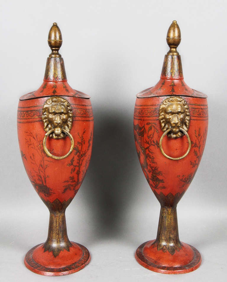 Pair Of Regency Red Tole Chestnut Urns 3