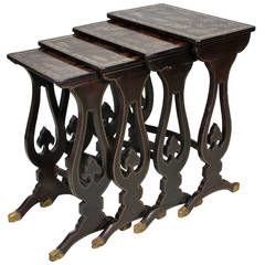 Set Of Four Chinese Export Brown Lacquer And Gilded Quartetto Tables