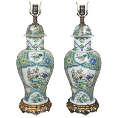 Antique Pair Of Chinese Famille Verte Table Lamps