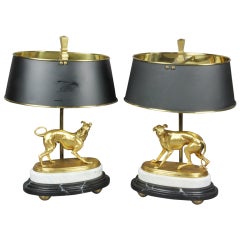 Pair of Bronze Dog and Marble Table Lamps