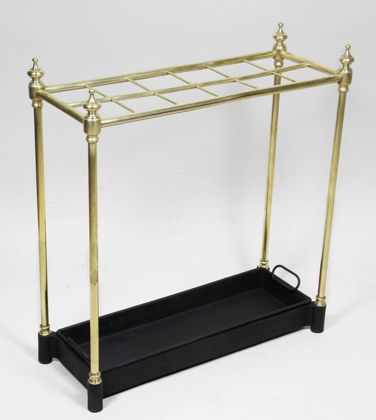 Rectangular with turned finials and turned legs , metal pan.