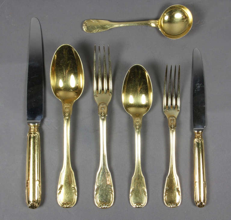French Vermeil 56 Piece Sterling Flatware Set By Boin Taburet In Excellent Condition In Essex, MA