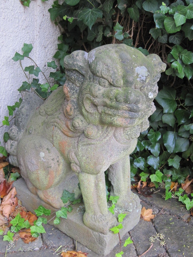 Pair of Chinese Sandstone Buddhistic Lions In Good Condition In Essex, MA