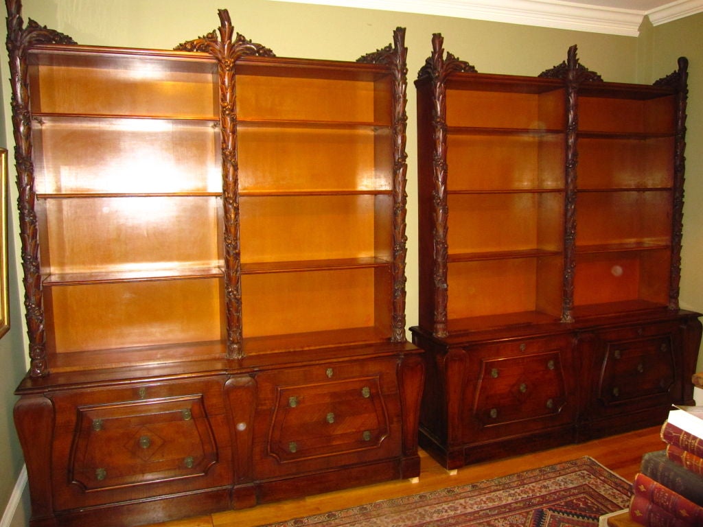 Pair of Italian Rococo Style Carved Walnut Bookcases