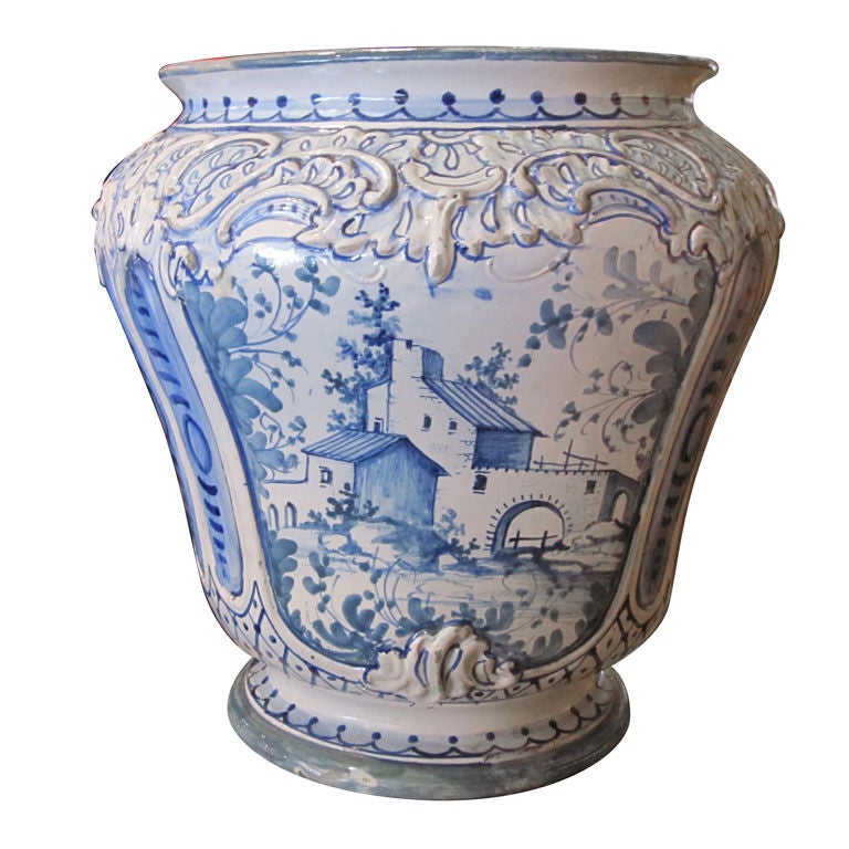 Large Italian Majolica Blue And White Vase at 1stDibs
