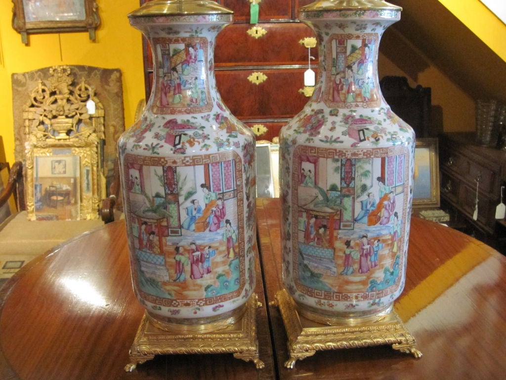 Pair Of Chinese Export Rose Mandarin Table Lamps