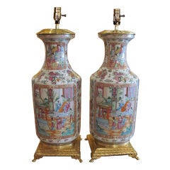 Pair Of Chinese Export Rose Mandarin Table Lamps