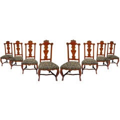 Antique Set Of Eight Spanish Rococo Red Lacquered And Gilt Dining Chairs