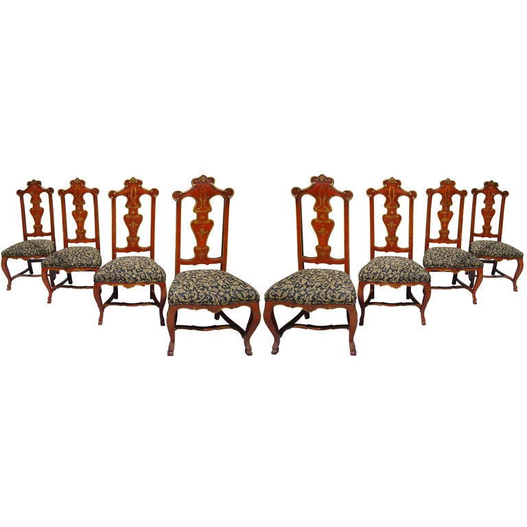 Set Of Eight Spanish Rococo Red Lacquered And Gilt Dining Chairs at 1stDibs