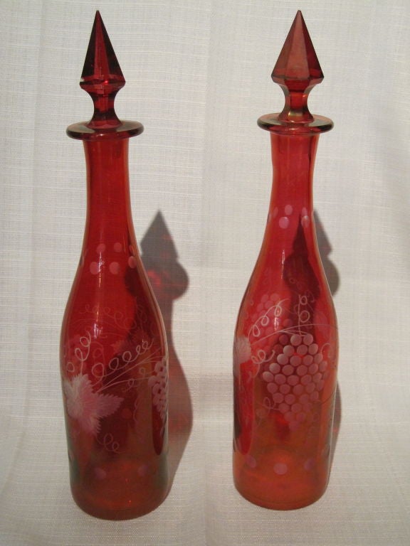 Pair Of Cranberry Glass Decanters