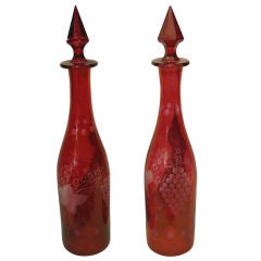 Pair Of Cranberry Glass Decanters