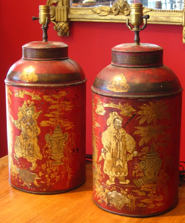 Pair Of Victorian Tole Tea Cannister Lamps 1