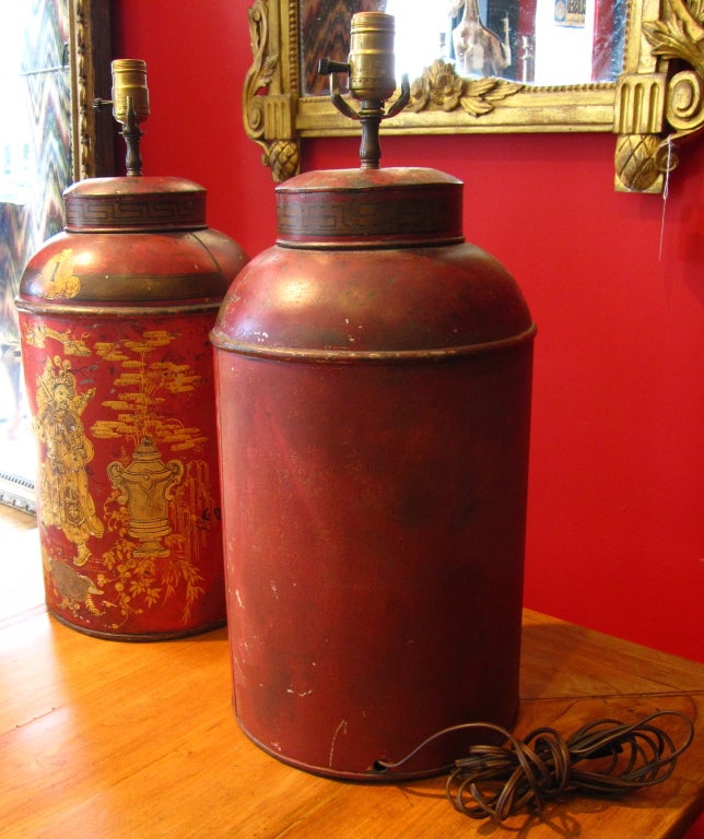 Pair Of Victorian Tole Tea Cannister Lamps 2