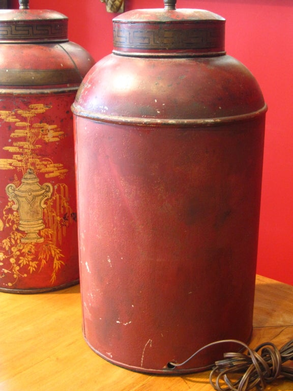 Pair Of Victorian Tole Tea Cannister Lamps 3