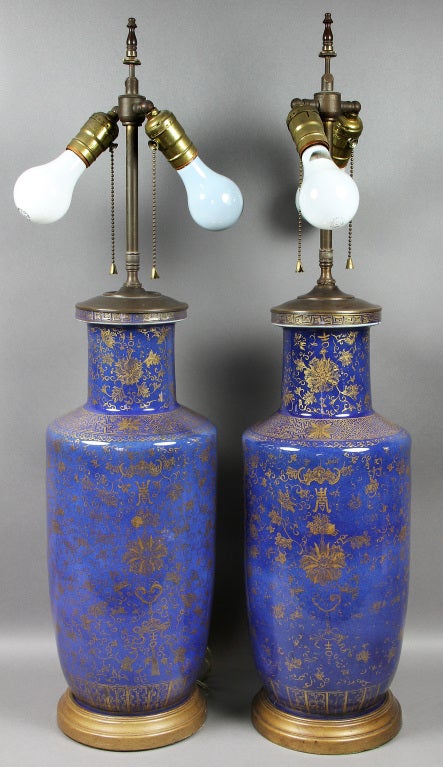 Pair Of Chinese Powder Blue Rouleau Vases Mounted As Lamps
