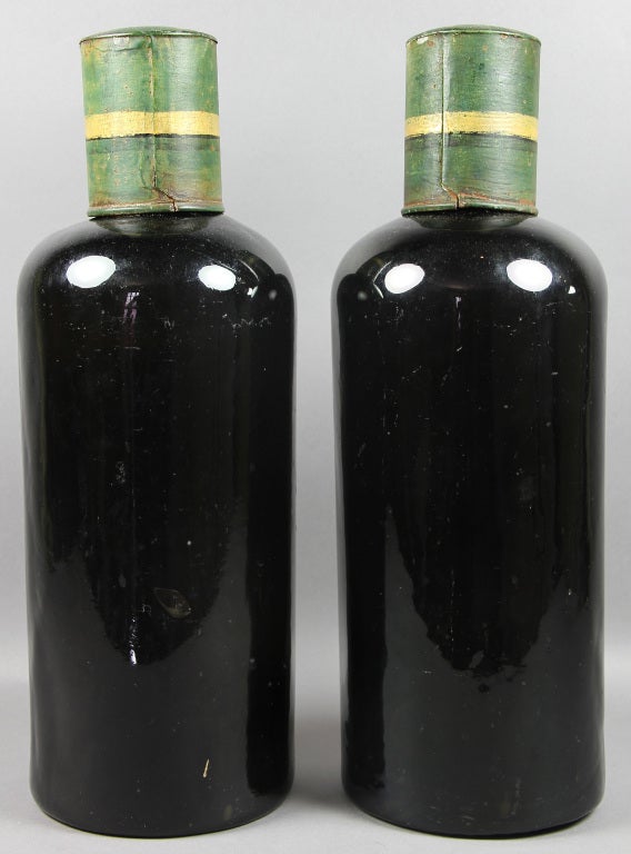 English Pair of Olive Green Apothecary Bottles