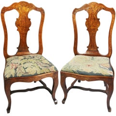 Pair Of Dutch Rococo Walnut And Marquetry Side Chairs