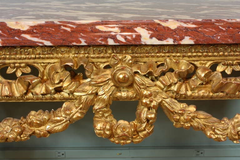 French Louis XVI Style Giltwood Console Table with Swags For Sale 1