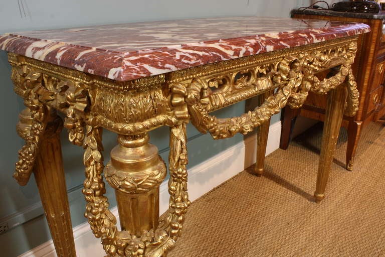 French Louis XVI Style Giltwood Console Table with Swags In Good Condition For Sale In Pembroke, MA