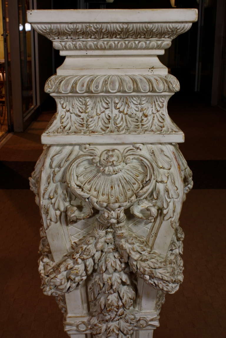 Pair of Italian Baroque Style Hand Carved Wood Pedestals Painted White 1