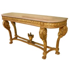 Impressionnante console française en bois doré avec plateau en marbre travertin