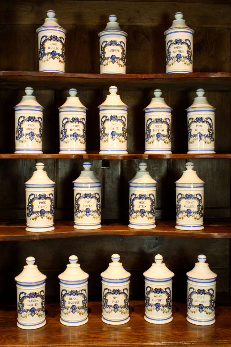 A beautiful and rare set of high-quality 17 hand-painted French apothecary jars, each with a different label, painted in a Régence style in blue and yellow, with separate domed lid (Circa 1880).  Marked underneath, 