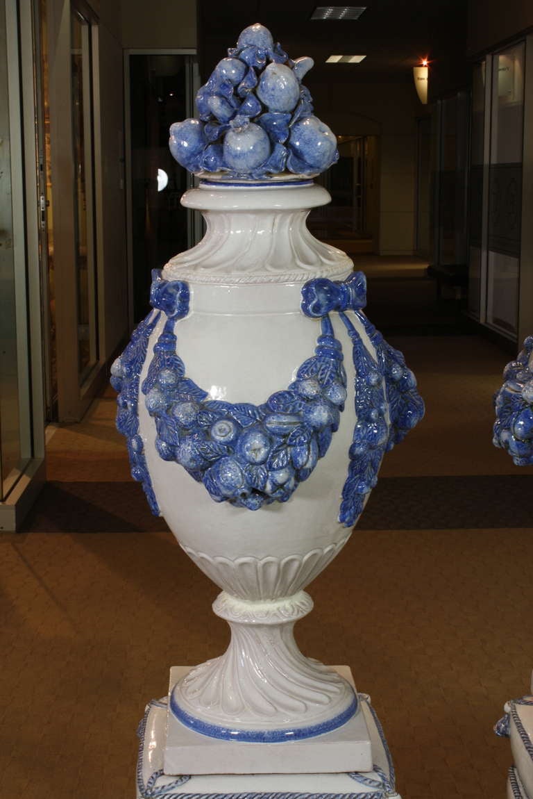 Neoclassical An Impressive Pair of French Blue and White Glazed Lidded Vases