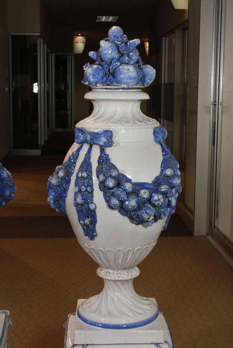An Impressive Pair of French Blue and White Glazed Lidded Vases In Good Condition In Pembroke, MA