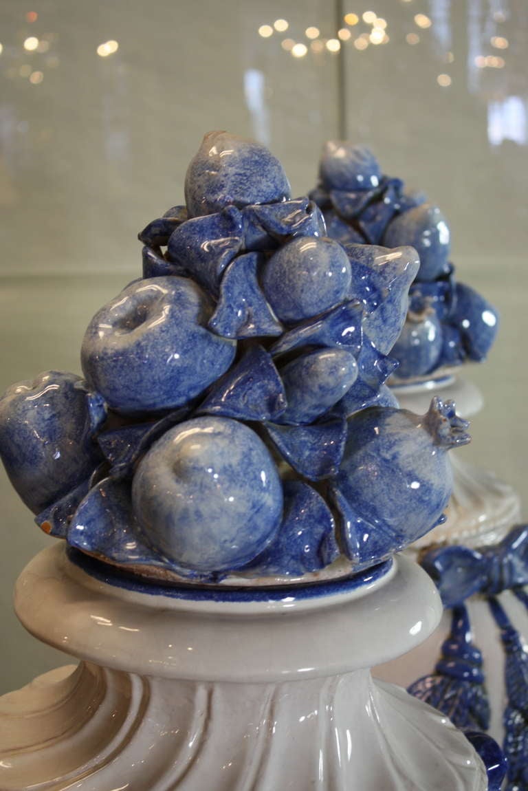 An Impressive Pair of French Blue and White Glazed Lidded Vases 2