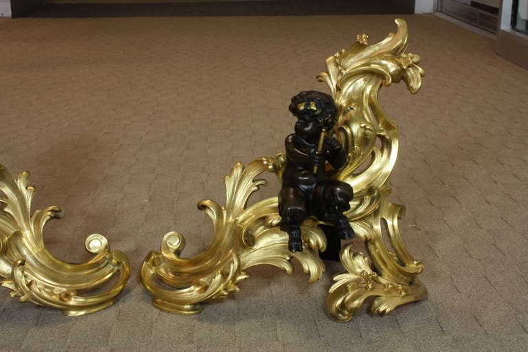 Louis XV Impressive Pair of French Gilt-Bronze Chenets with Bronze Fauns