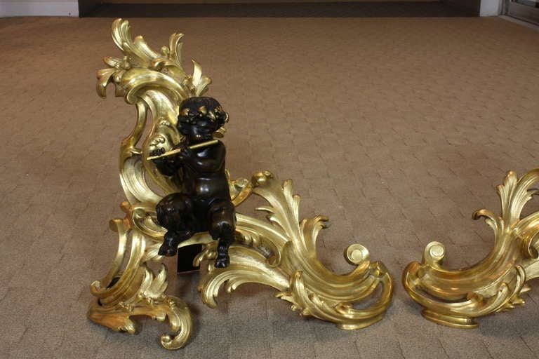 Impressive Pair of French Gilt-Bronze Chenets with Bronze Fauns In Good Condition In Pembroke, MA