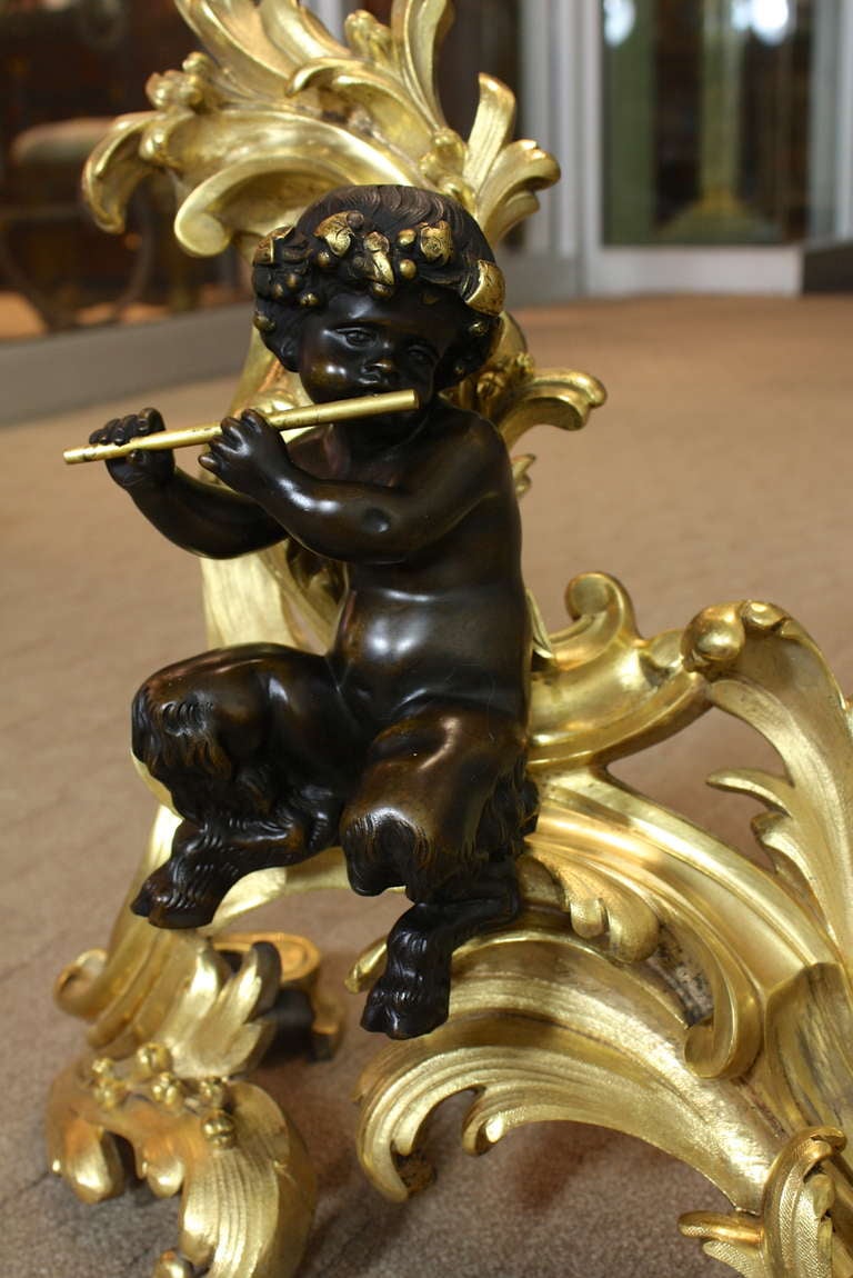 19th Century Impressive Pair of French Gilt-Bronze Chenets with Bronze Fauns