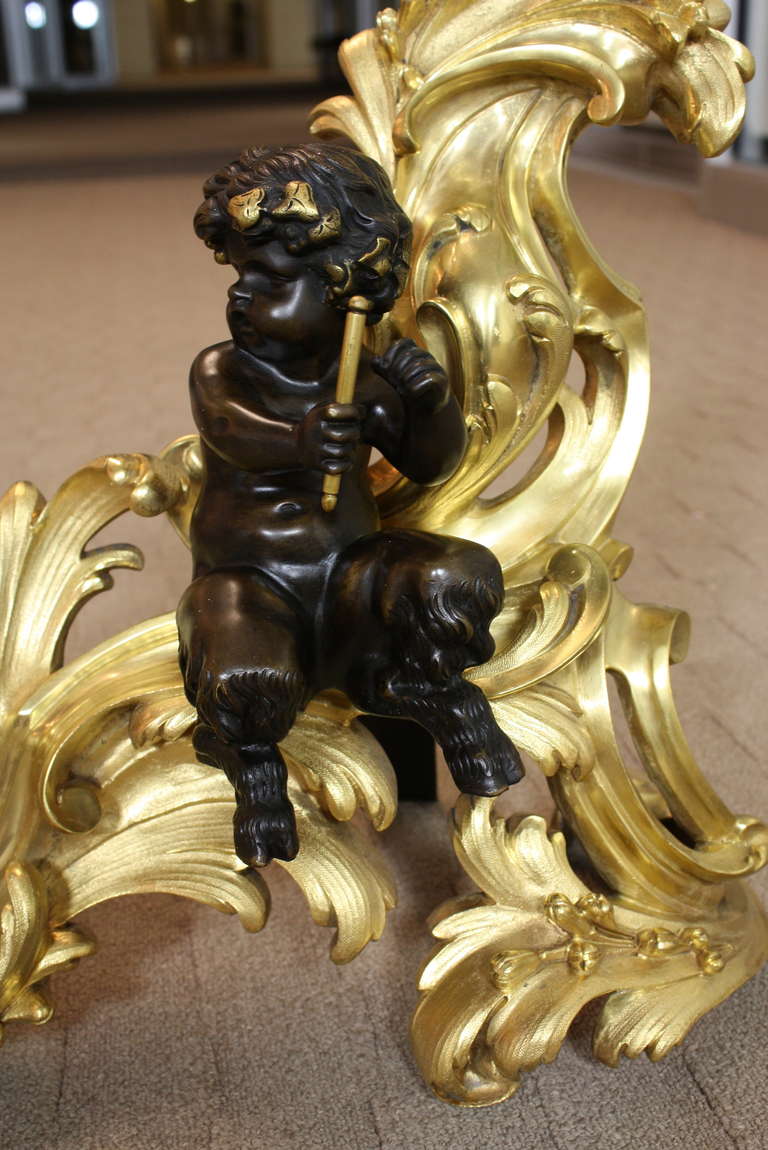Impressive Pair of French Gilt-Bronze Chenets with Bronze Fauns 1