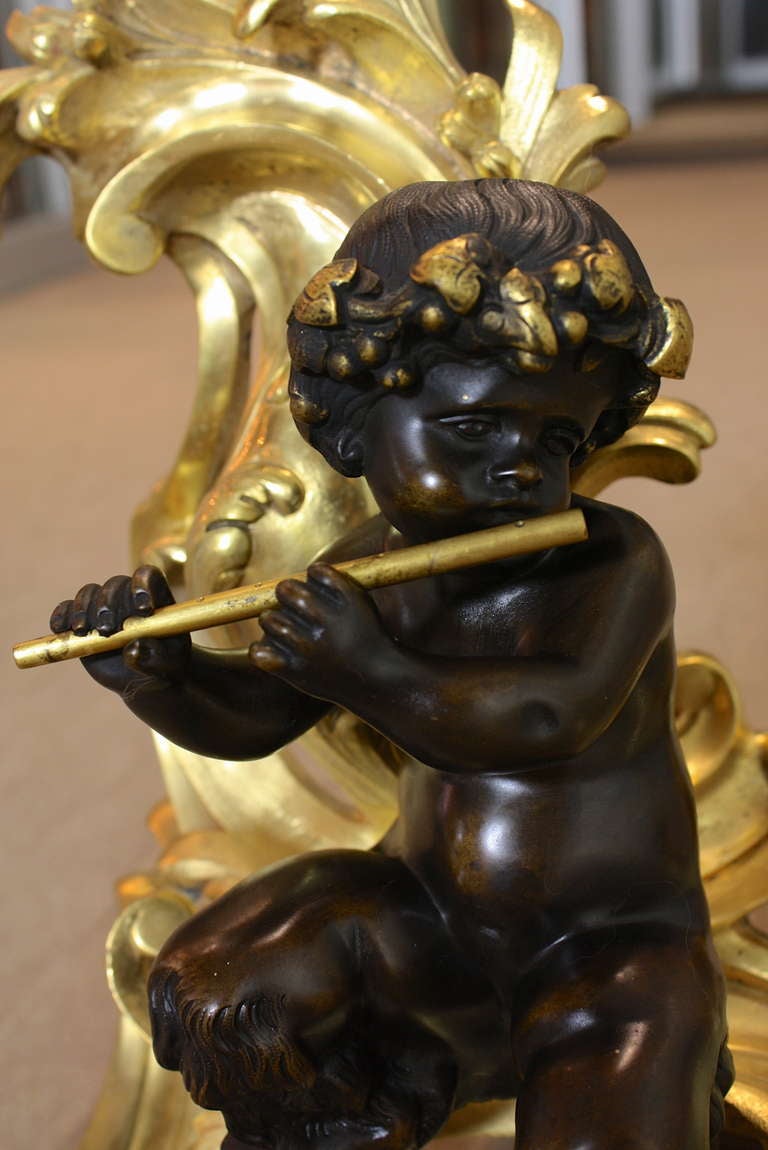 Impressive Pair of French Gilt-Bronze Chenets with Bronze Fauns 3