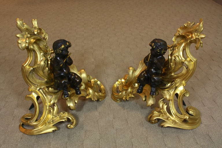Impressive Pair of French Gilt-Bronze Chenets with Bronze Fauns 4