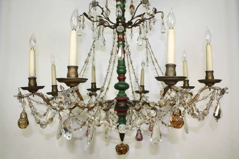 Neoclassical Revival Italian Crystal and Glass Chandelier with Turned Wood Column For Sale