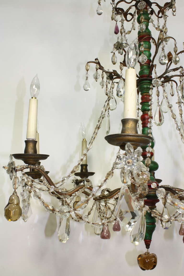 Iron Italian Crystal and Glass Chandelier with Turned Wood Column For Sale