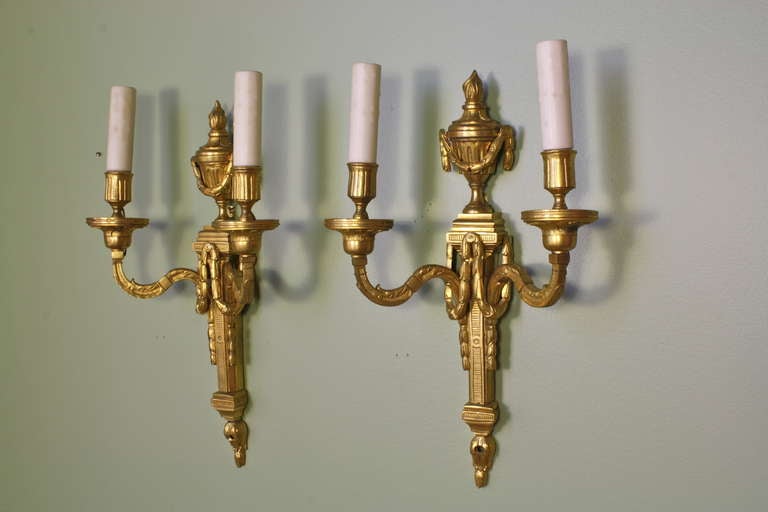 French Pair of Gilt Bronze Louis XVI Style Sconces For Sale