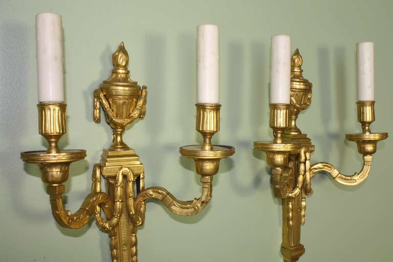 Pair of Gilt Bronze Louis XVI Style Sconces In Good Condition For Sale In Pembroke, MA