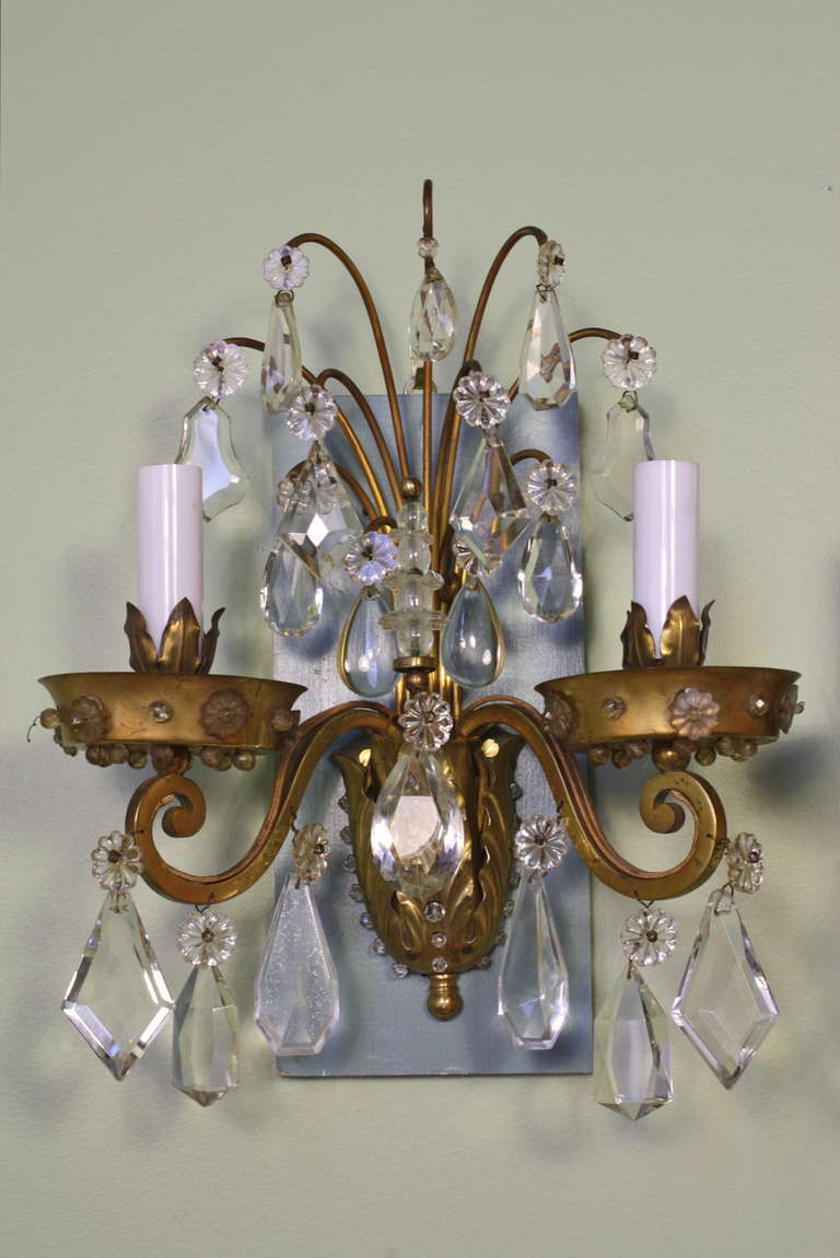 Pair of Gilt-Bronze and Crystal Sconces by Maison Baguès In Good Condition For Sale In Pembroke, MA