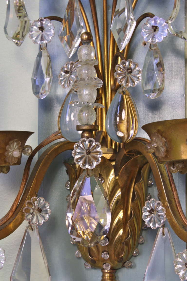 Pair of Gilt-Bronze and Crystal Sconces by Maison Baguès For Sale 1