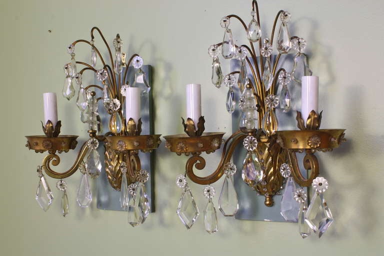 French Pair of Gilt-Bronze and Crystal Sconces by Maison Baguès For Sale